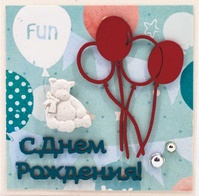 Т084 Открытка ручной работы 8х8 см (Букетная) - Мишка с шариками
