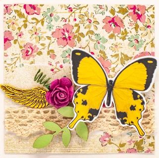 Т066 Открытка ручной работы 8х8 см (Букетная) - Бабочка в цветах