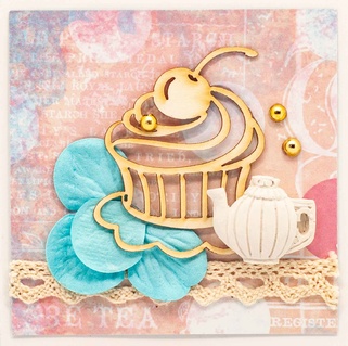 Т069 Открытка ручной работы 8х8 см (Букетная) - Чаепитие